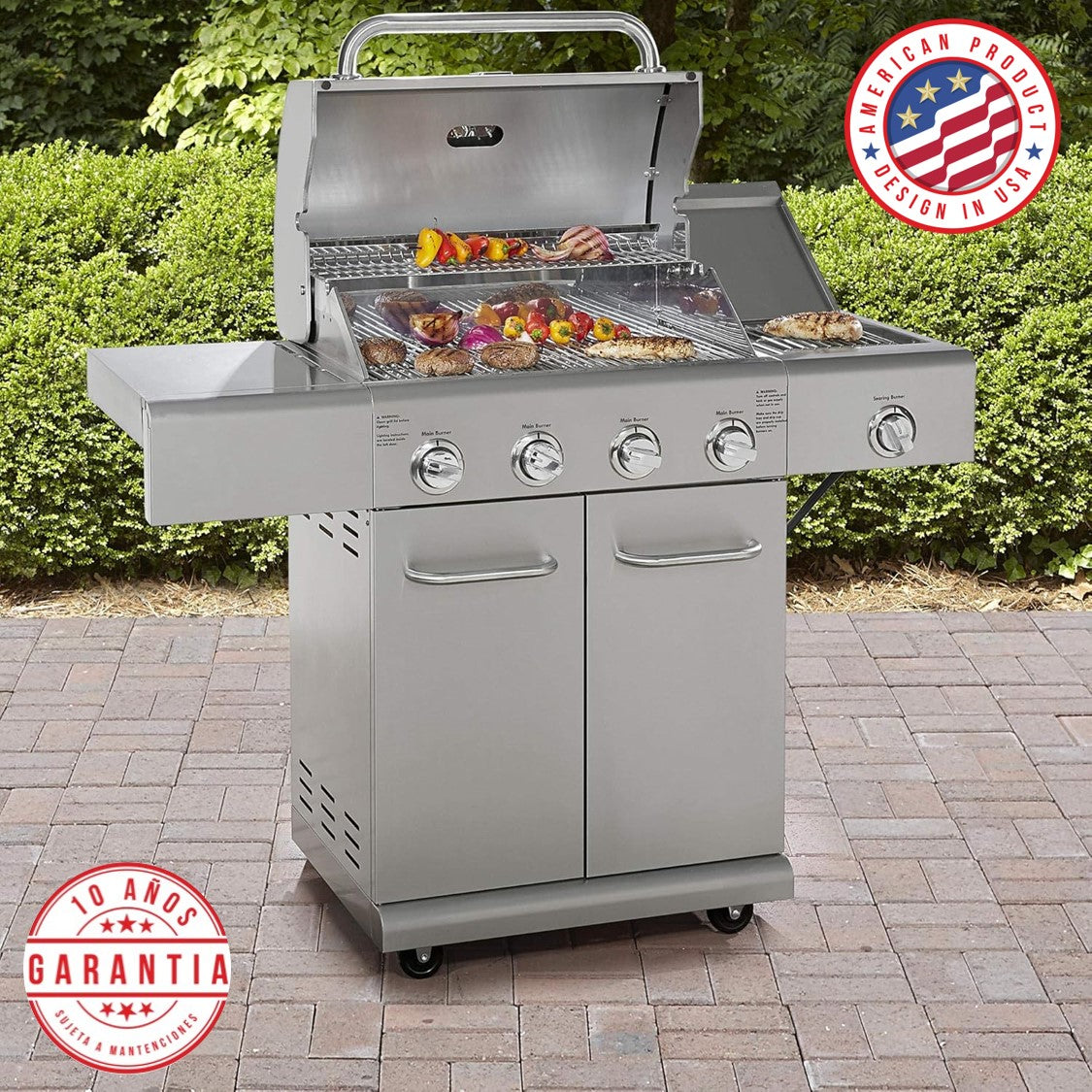 Parrilla a gas 4 Quemadores + Sellador lateral - 100% Acero inoxidable