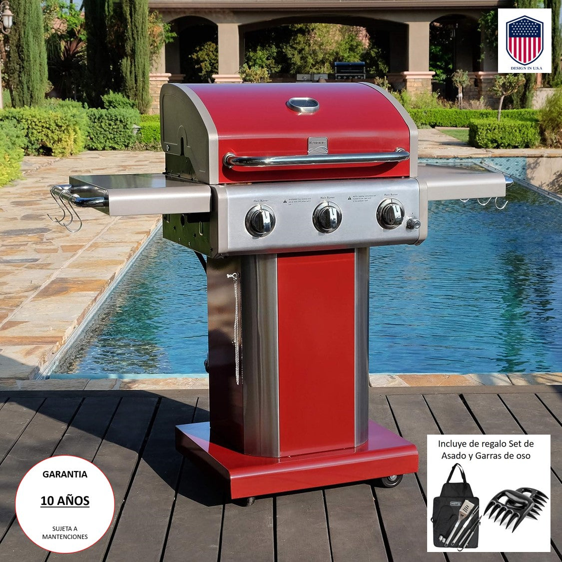 Parrilla a gas 3 Quemadores - Color Rojo + Set de Asado + Garras de Oso