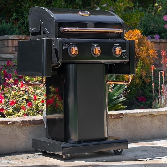 Parrilla a gas 3 Quemadores - Color Negro con Manillas Cobre + Set de Asado + Garras de Oso (PROXIMAMENTE DISPONIBLE)