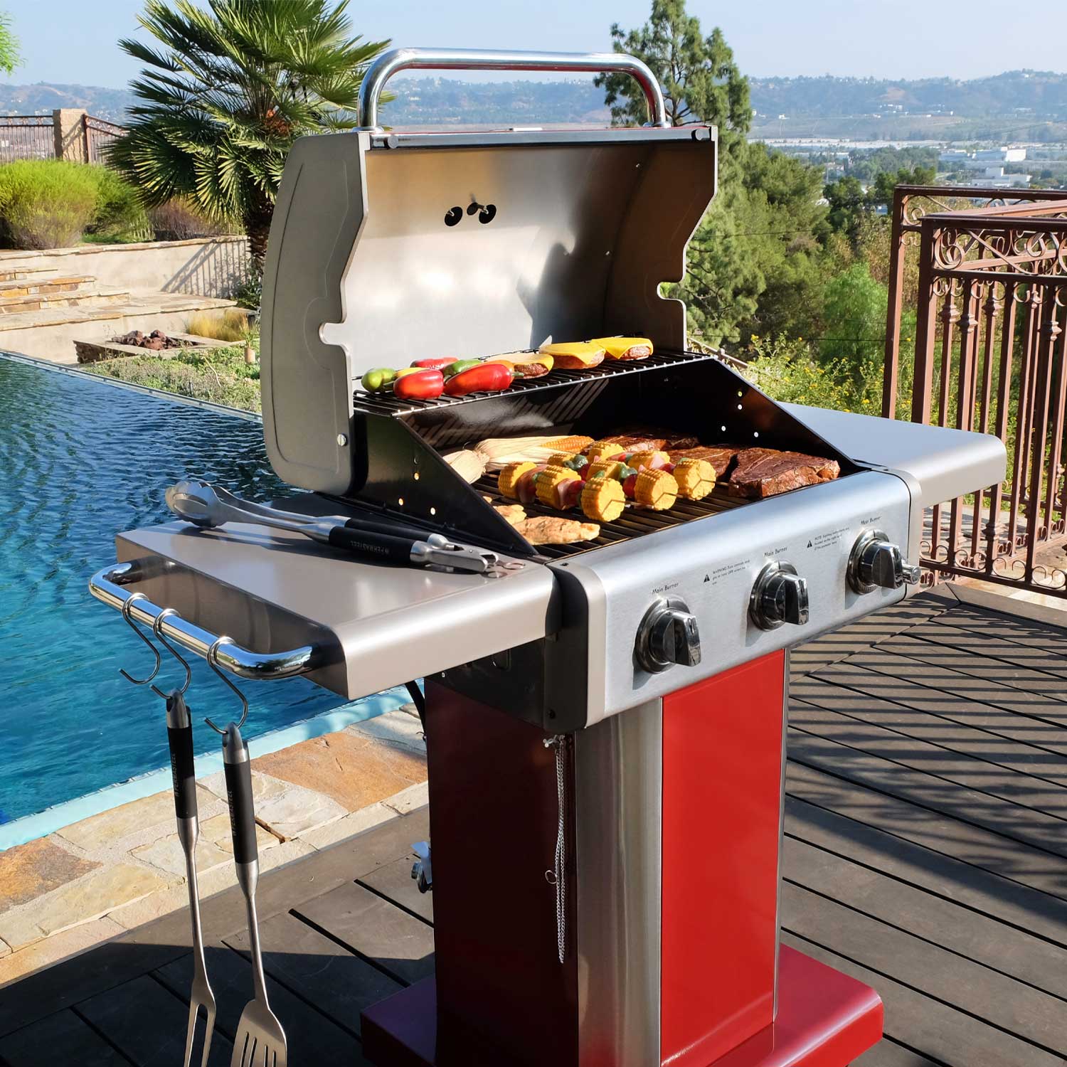 Parrilla a gas 3 Quemadores - Color Rojo + Set de Asado + Garras de Oso