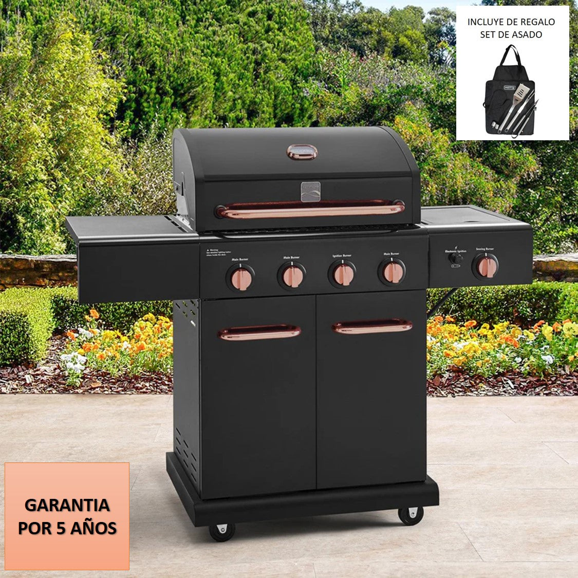 Parrilla a gas 4 Quemadores + Sellador lateral - Color Negro / Cobre [ENTREGA INMEDIATA EN BODEGA]