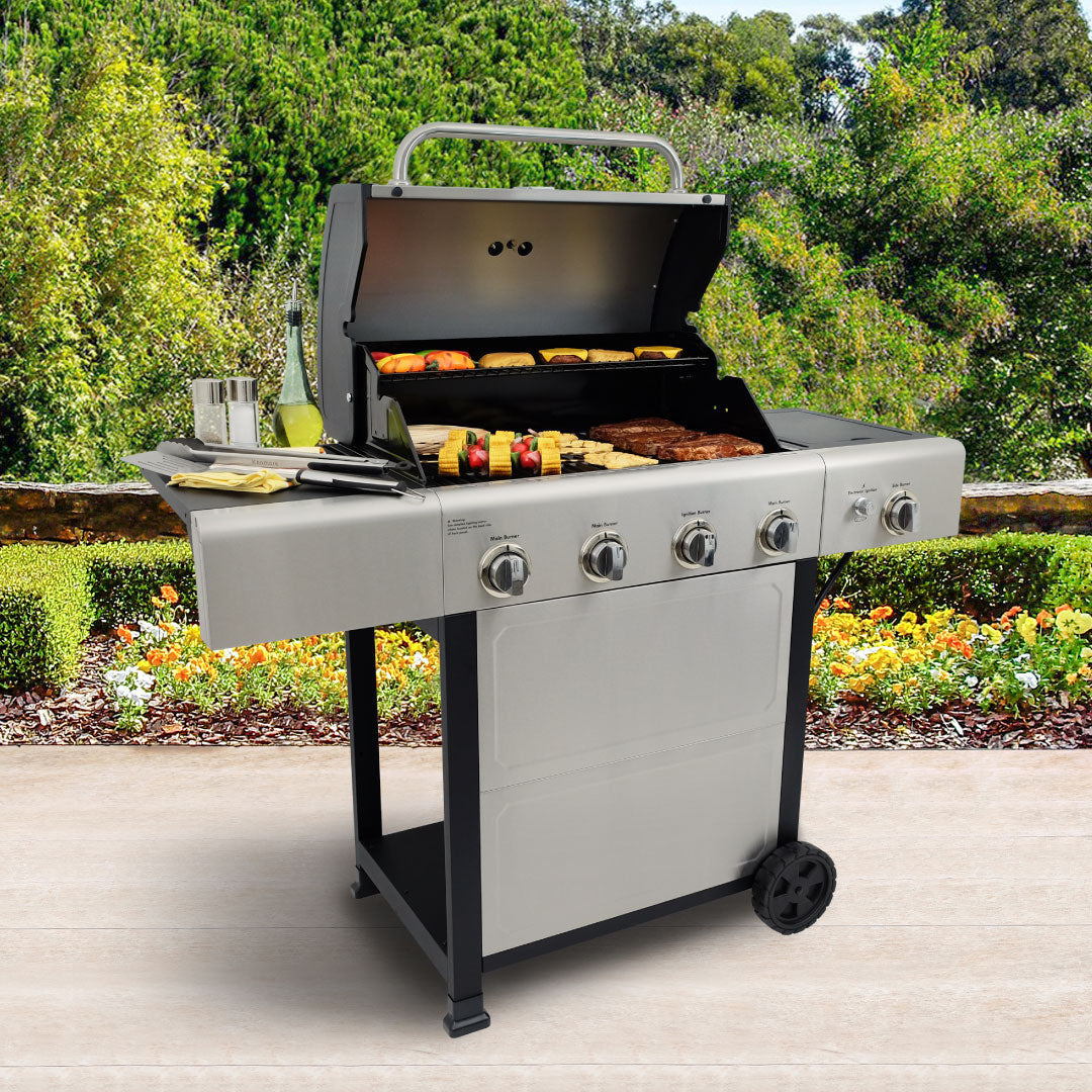Parrilla a gas 4 Quemadores + Quemador lateral - Acero inoxidable [Open Box]