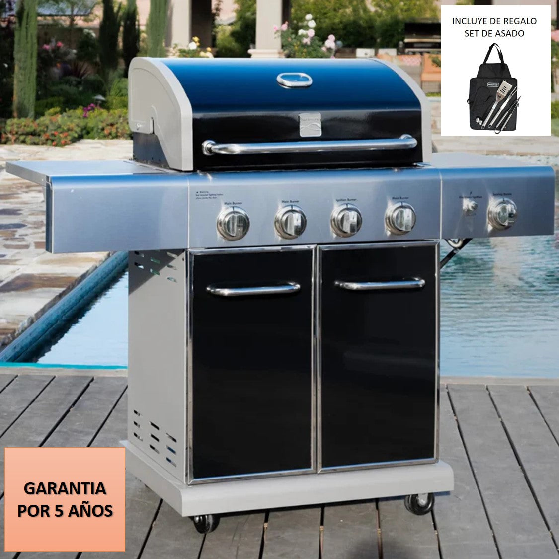 Parrilla a gas 4 Quemadores + Sellador lateral - Color Negro [ENTREGA INMEDIATA EN BODEGA]