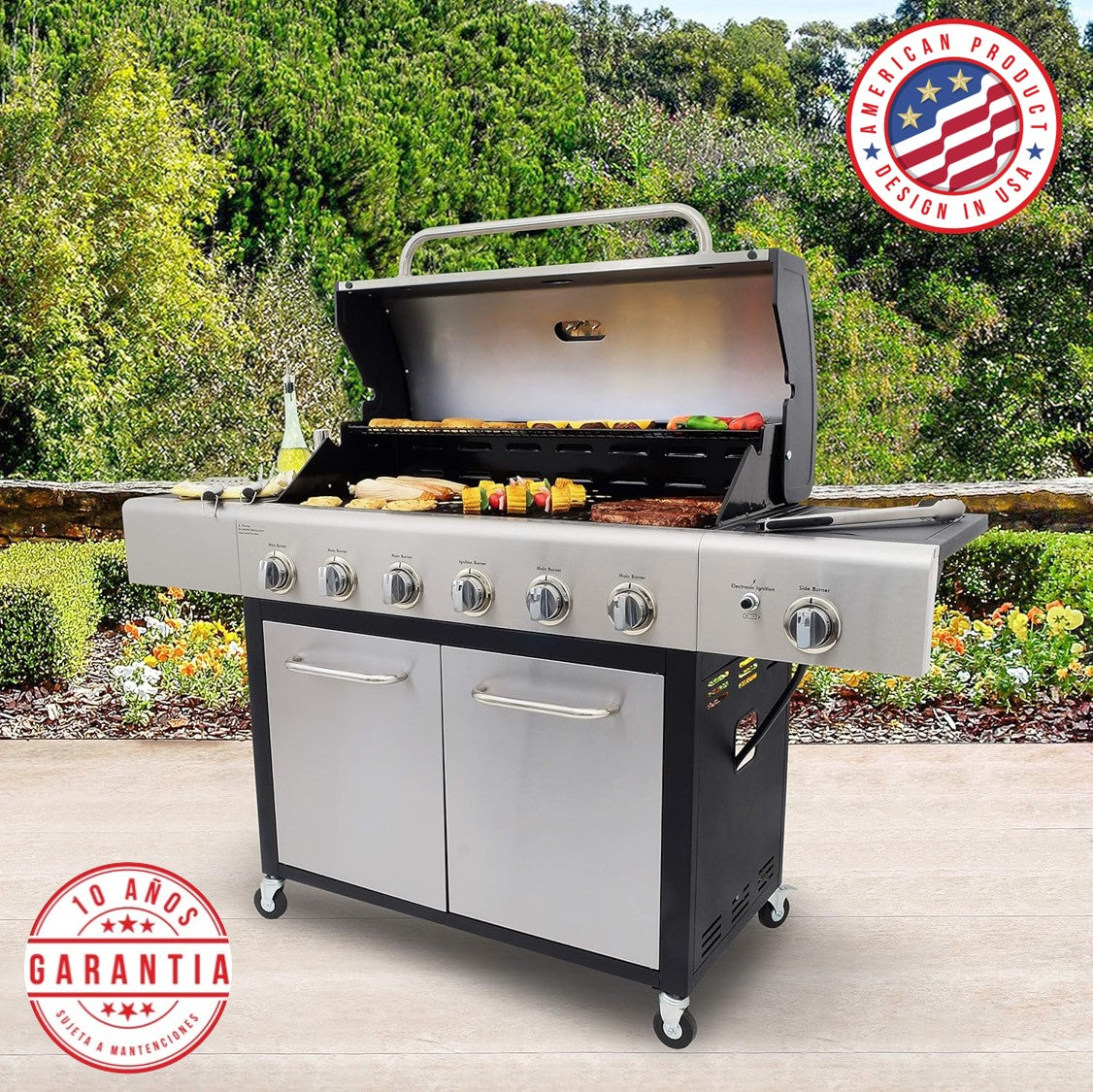 Parrilla a gas 6 Quemadores + Quemador lateral - Acero inoxidable [ENTREGA INMEDIATA EN BODEGA]