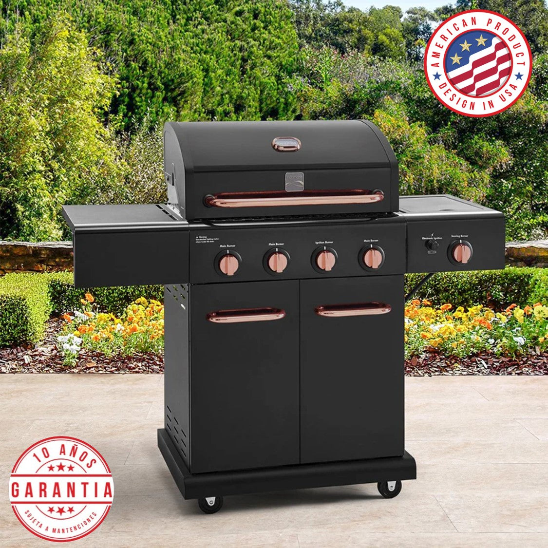 Parrilla a gas 4 Quemadores + Sellador lateral - Color Negro / Cobre [ENTREGA INMEDIATA EN BODEGA]