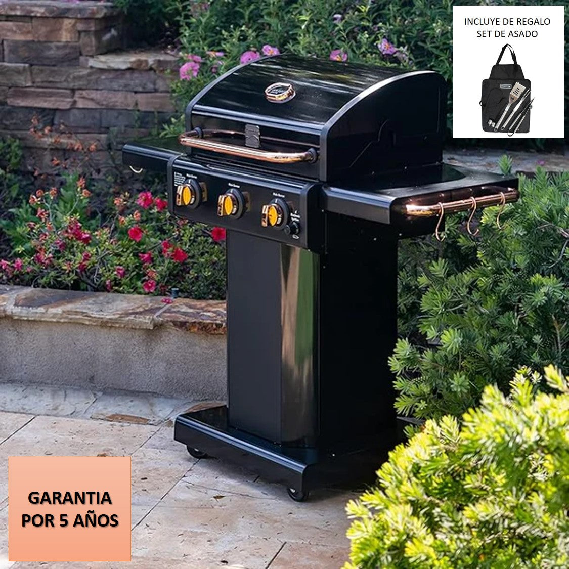 Parrilla a gas 3 Quemadores - Color Negro con Manillas Cobre [ENTREGA INMEDIATA EN BODEGA]