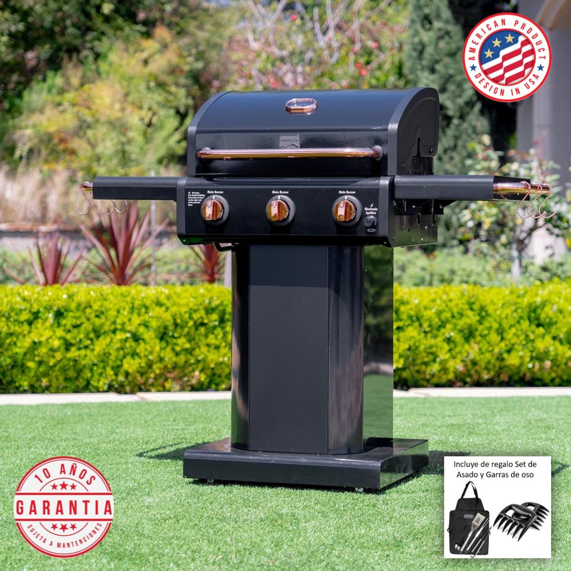 Parrilla a gas 3 Quemadores - Color Negro con Manillas Cobre  + Set de Asado + Garras de Oso (PROXIMAMENTE DISPONIBLE)