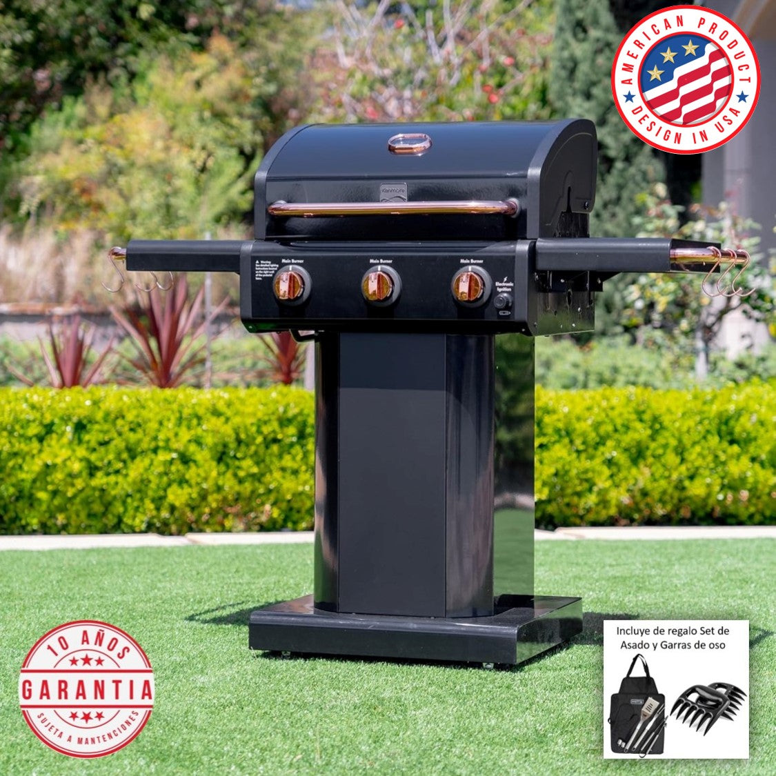 Parrilla a gas 3 Quemadores - Color Negro con Manillas Cobre  + Set de Asado + Garras de Oso (PROXIMAMENTE DISPONIBLE)