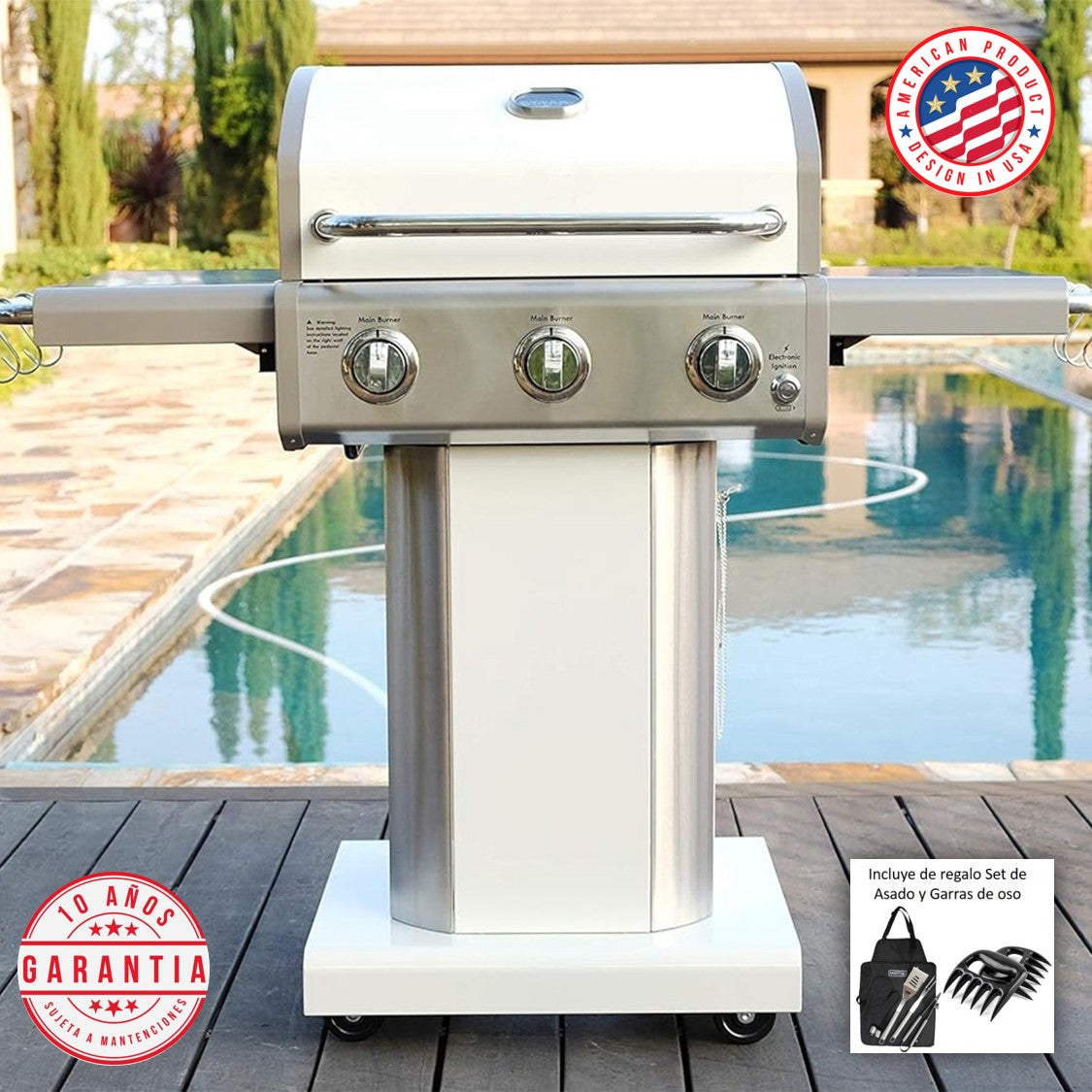 Parrilla a gas 3 Quemadores - Color Blanco + Set de Asado +  Garras de Oso (PROXIMAMENTE DISPONIBLE)