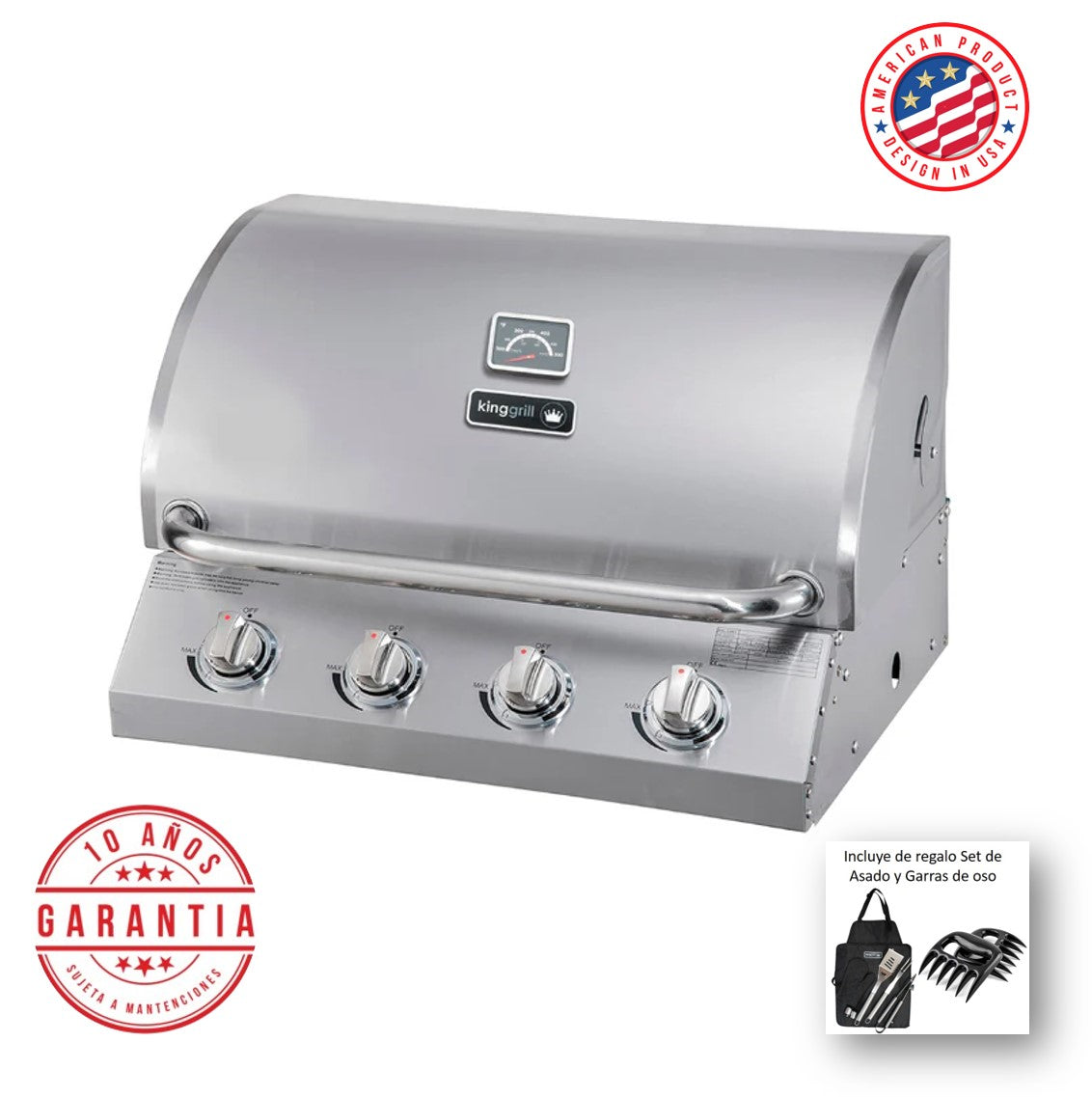 Parrilla a gas empotrada de 4 quemadores - Acero inoxidable + Set de Asado + Garras de Oso [ENTREGA INMEDIATA EN BODEGA]