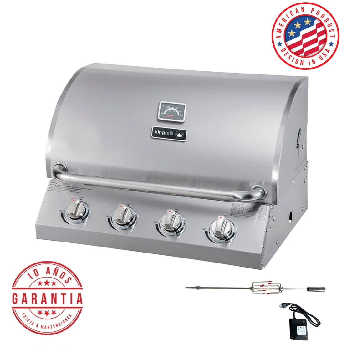 Parrilla a gas empotrada de 4 quemadores - Acero inoxidable + Spiedo con Motor [ENTREGA INMEDIATA EN BODEGA]
