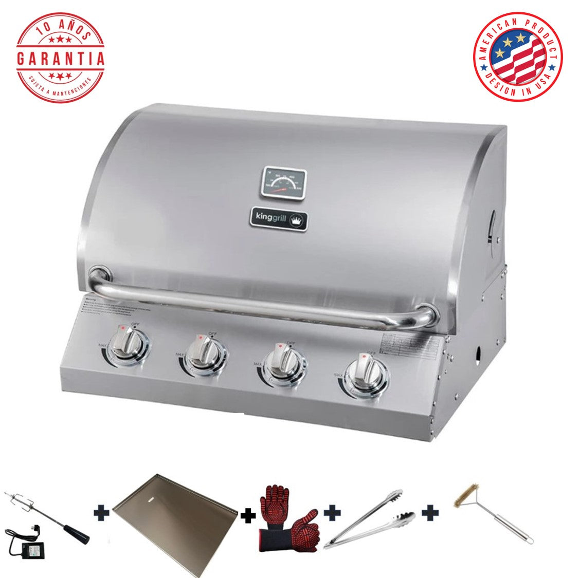 Parrilla a gas empotrada de 4 quemadores de Acero inoxidable + Spiedo + Plancha de acero inoxidable + Guantes + Pinza + Cepillo limpiador [ENTREGA INMEDIATA EN BODEGA]