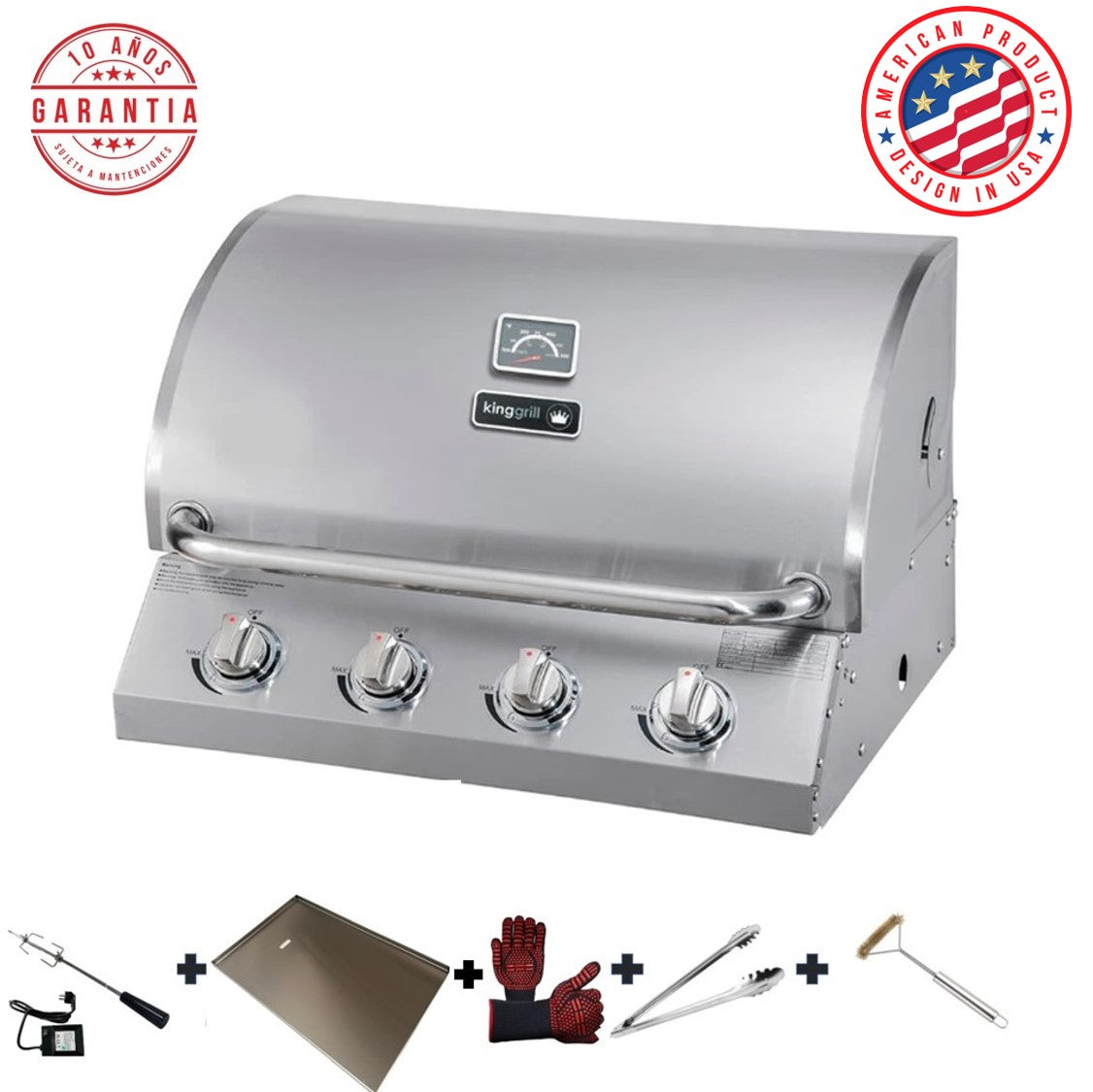 Parrilla a gas empotrada de 4 quemadores de Acero inoxidable + Spiedo + Plancha de acero inoxidable + Guantes + Pinza + Cepillo limpiador [ENTREGA INMEDIATA EN BODEGA]