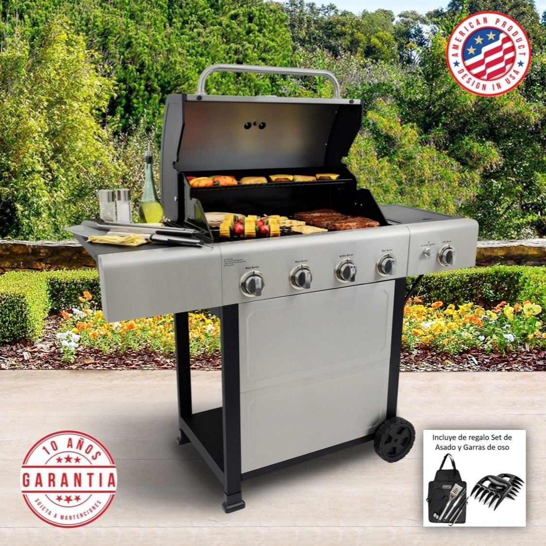 Parrilla a gas 4 Quemadores + Quemador lateral - Acero inoxidable + Set de Asado + Garras de Oso [ENTREGA INMEDIATA EN BODEGA]