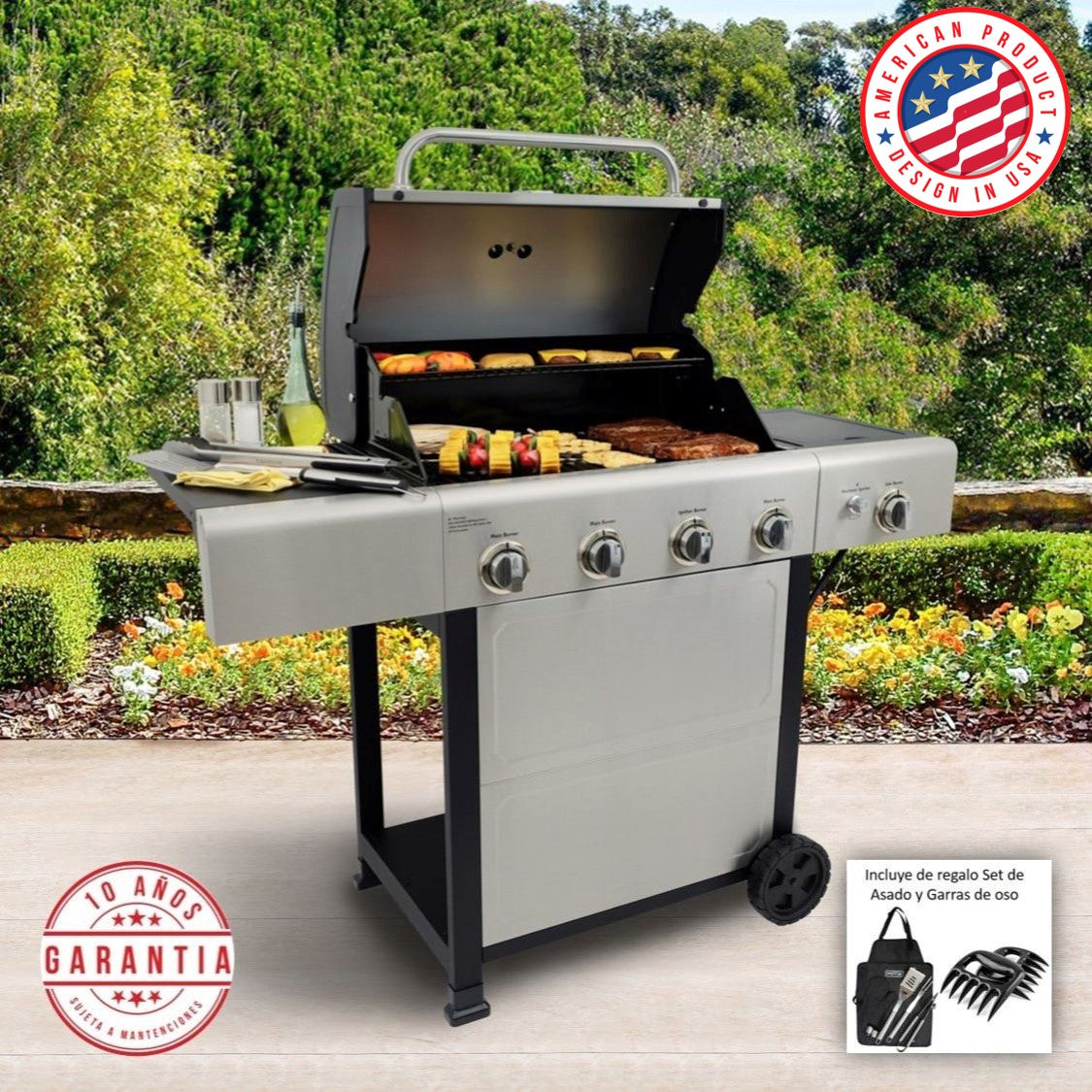 Parrilla a gas 4 Quemadores + Quemador lateral - Acero inoxidable + Set de Asado + Garras de Oso [ENTREGA INMEDIATA EN BODEGA]