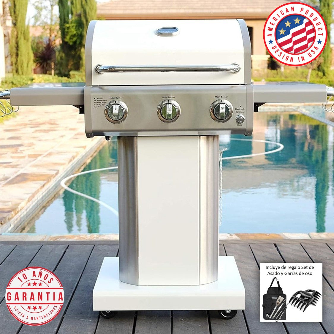 Parrilla a gas 3 Quemadores - Color Blanco + Set de Asado +  Garras de Oso (PROXIMAMENTE DISPONIBLE)