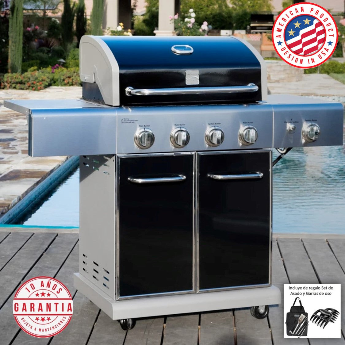 Parrilla a gas 4 Quemadores + Sellador infrarrojo lateral - Color Negro + Set de Asado + Garras de Oso [ENTREGA INMEDIATA EN BODEGA]