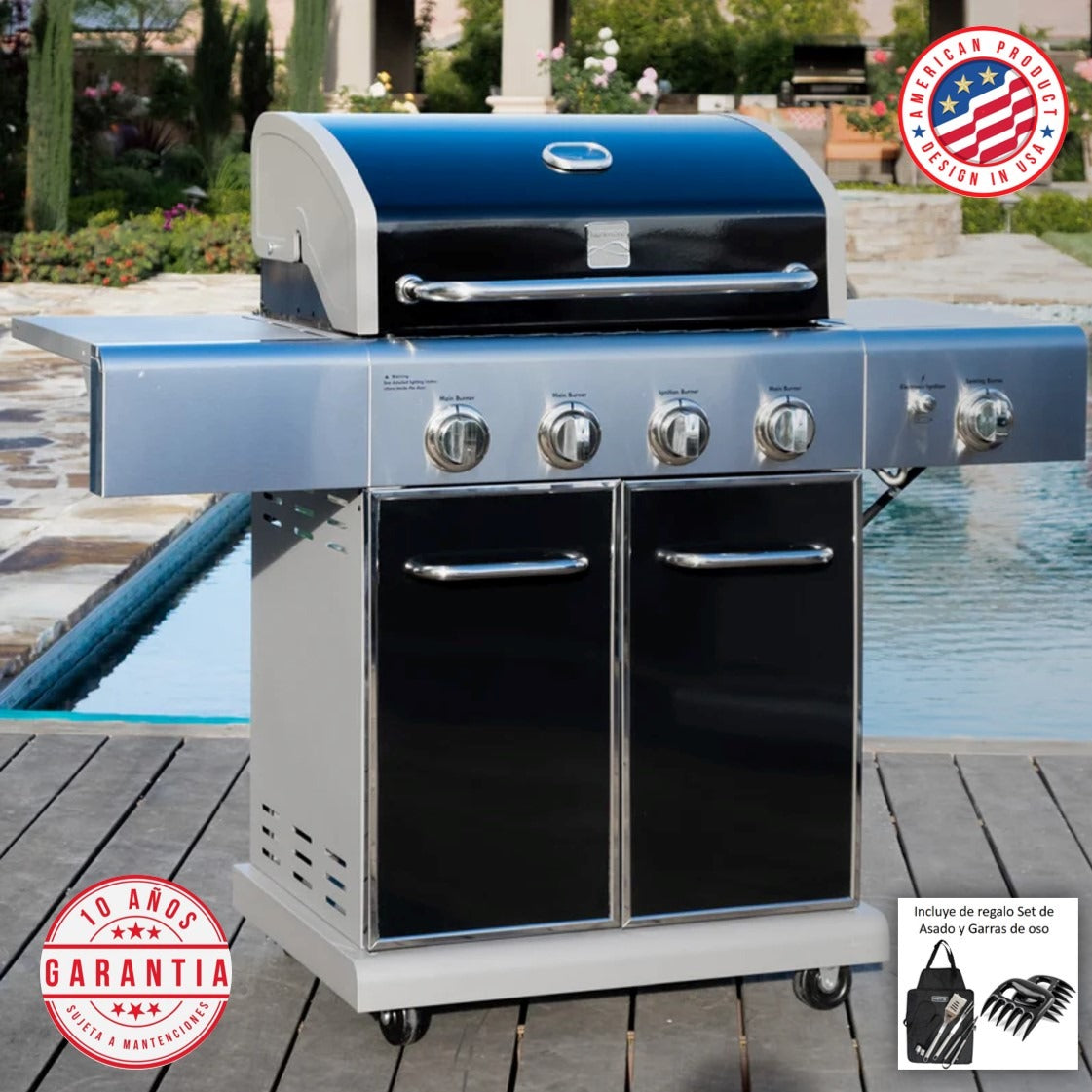 Parrilla a gas 4 Quemadores + Sellador infrarrojo lateral - Color Negro + Set de Asado + Garras de Oso [ENTREGA INMEDIATA EN BODEGA]