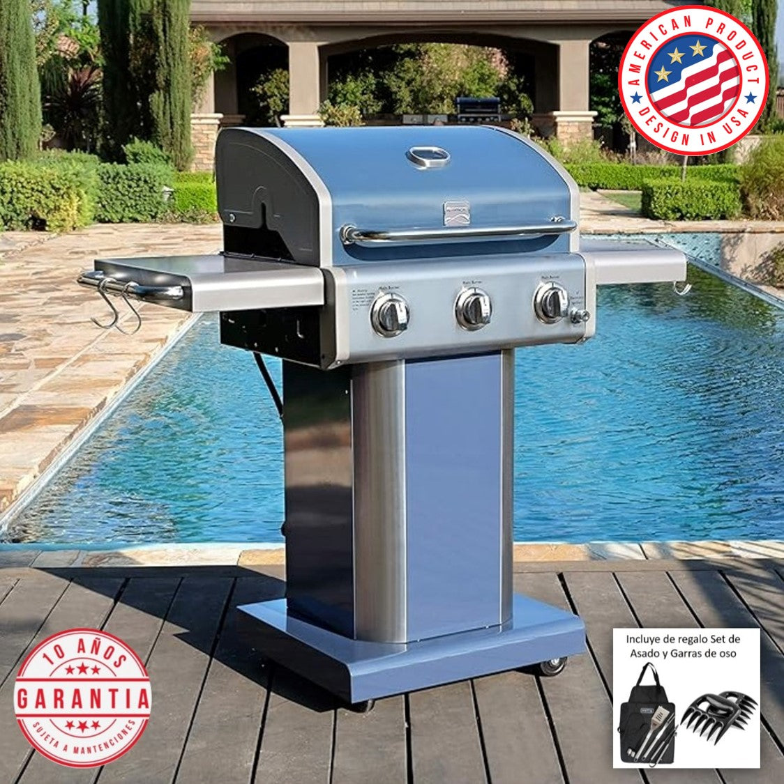 Parrilla a gas 3 Quemadores - Color Azul + Garras de Oso [ENTREGA INMEDIATA EN BODEGA]
