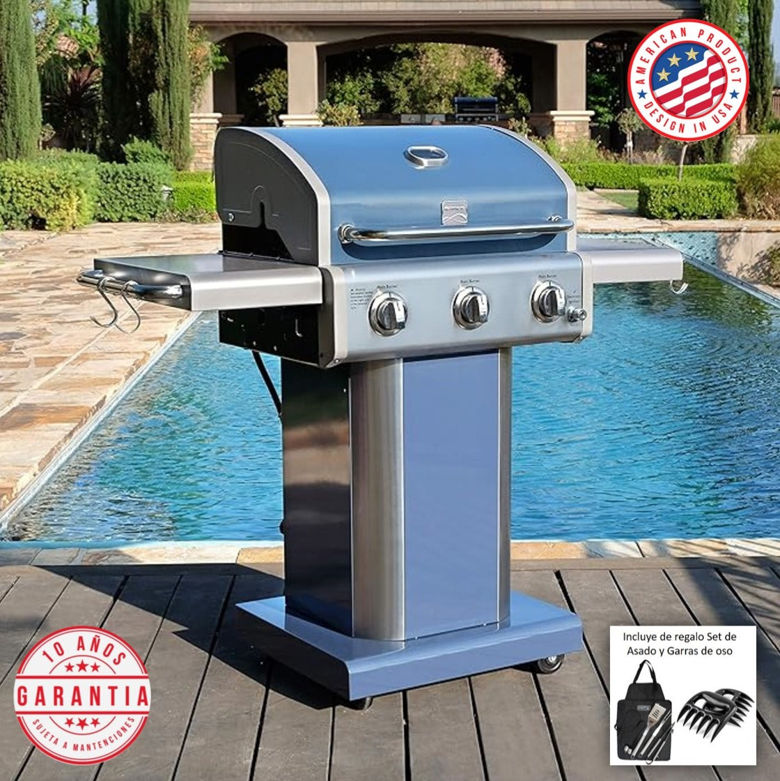 Parrilla a gas 3 Quemadores - Color Azul + Garras de Oso [ENTREGA INMEDIATA EN BODEGA]