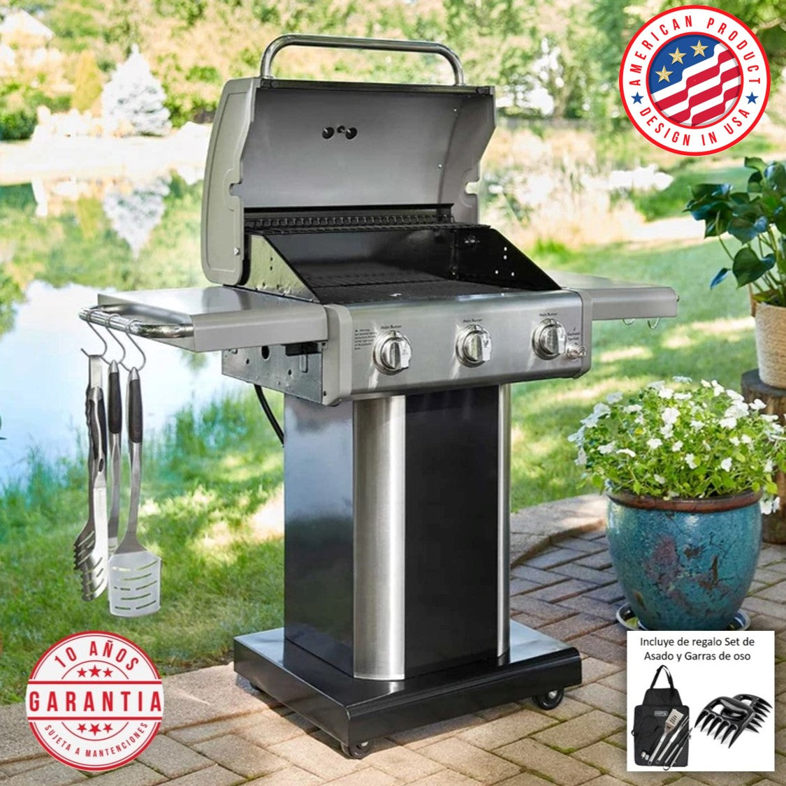 Parrilla a gas 3 Quemadores - Color Negro + Set de Asado + Garras de Oso (PROXIMAMENTE DISPONIBLE)