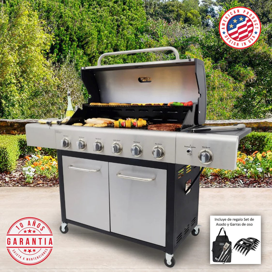 Parrilla a gas 6 Quemadores + Quemador lateral - Acero inoxidable + Set de Asado + Garras de Oso (PROXIMAMENTE DISPONIBLE)