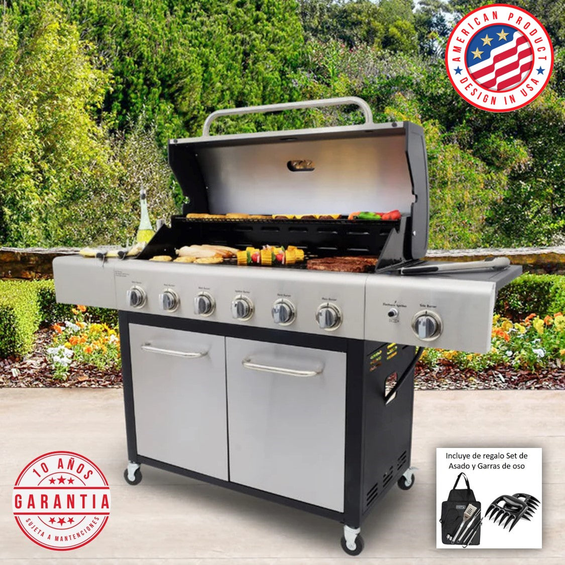 Parrilla a gas 6 Quemadores + Quemador lateral - Acero inoxidable + Set de Asado + Garras de Oso (PROXIMAMENTE DISPONIBLE)